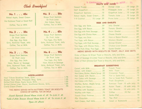 Martin Bros. Breakfast Menu, New Orleans, 1940s
