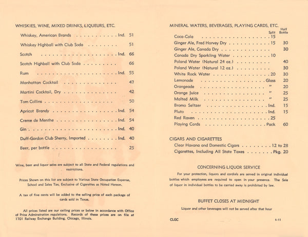 Fred Harvey, Santa Fe 1950s Wine List 