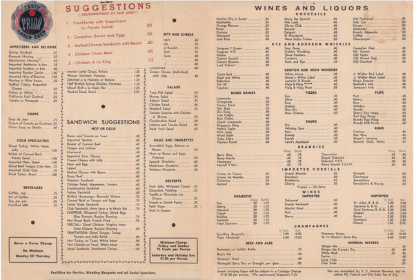 Music Bar, New York 1941 Menu
