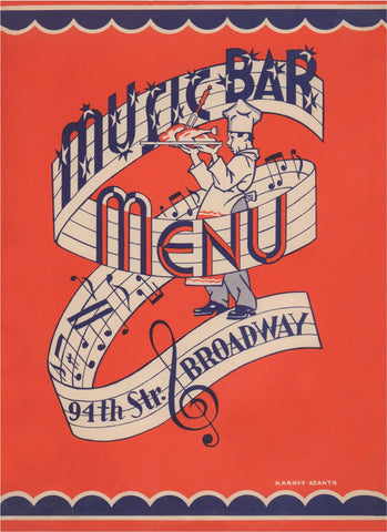 Music Bar, New York Upper West Side 1941 Menu Art