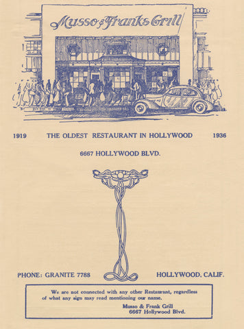 Musso & Franks Grill, Hollywood 1936 Menu Art