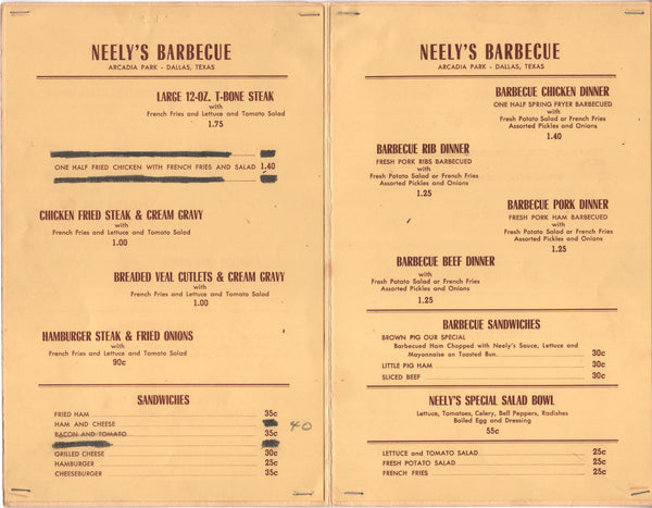 Neely's Barbecue, Dallas 1954 Menu 