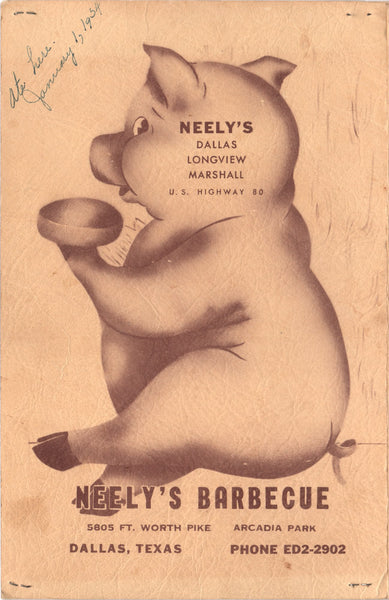 Neely's Barbecue, Dallas 1954 Menu Art