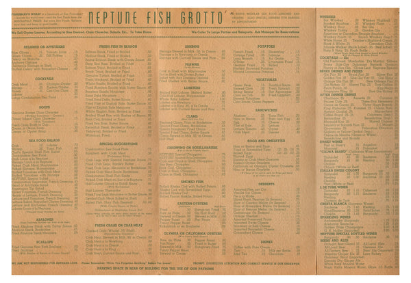 Neptune Fish Grotto, San Francisco 1938 Menu