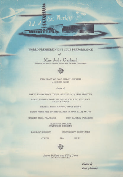 Venus Room Judy Garland Premiere, New Frontier Hotel, Las Vegas, 1956 Menu