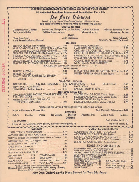 Nickodell, Hollywood 1956 menu