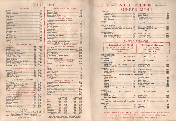 Nut Club, New York 1943 Menu