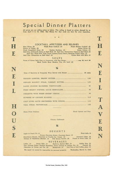 The Neil House Interior Menu 1945