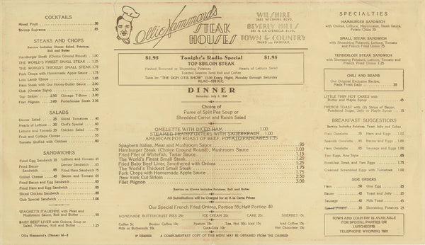 Ollie Hammond's Steak Houses, Los Angeles 1948 Menu