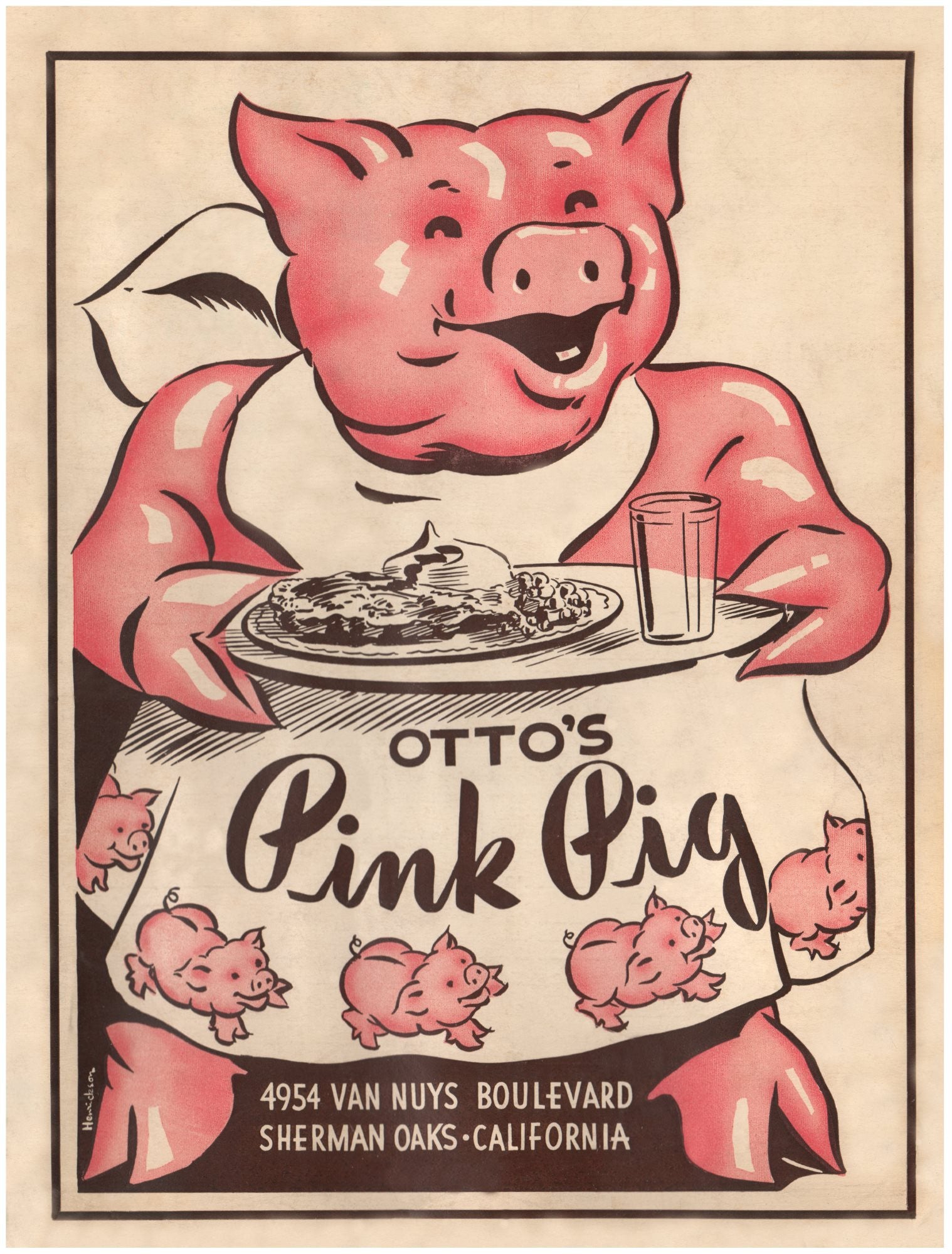Otto's Pink Pig, Sherman Oaks CA 1940s Menu Art 