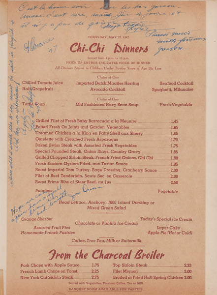 Chi Chi, Palm Springs 1947 - Vintage Menu Art – dinner menu