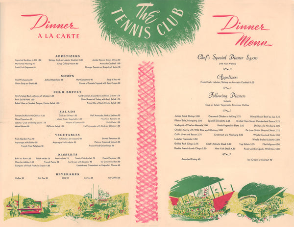 Palm Springs Tennis Club 1960s | Vintage Menu  - Dinner menu