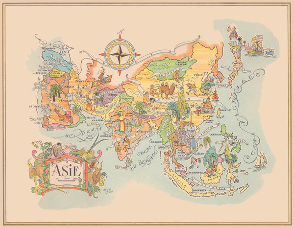 Pan American Asia 1960s Jacques Liozu Map | Vintage Menu Art – map of Asia
