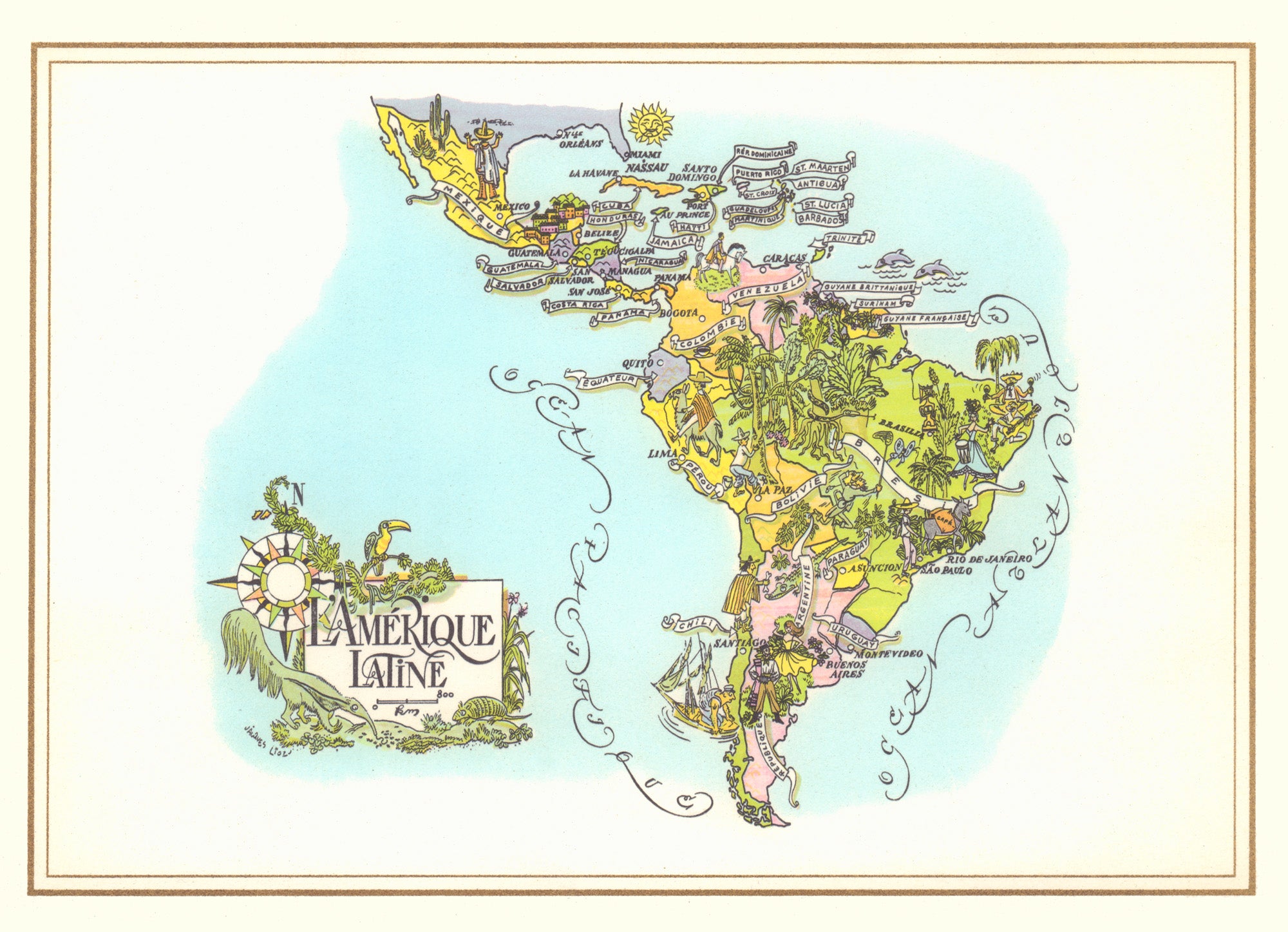 Pan American Latin America 1960s Jacques Liozu Map print | Vintage Menu Art – front 