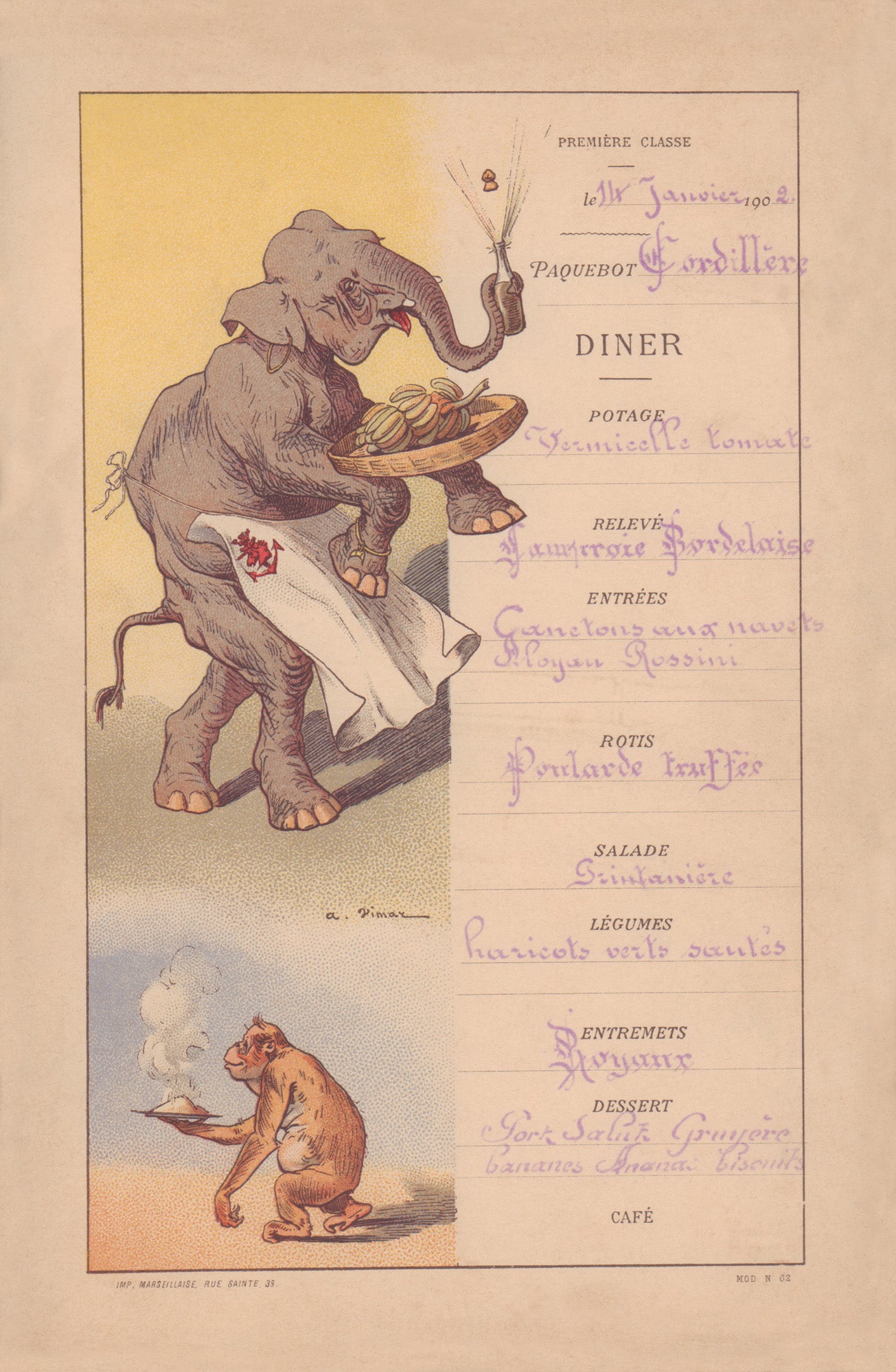 Le Paquebot Cordillere 1902 (Elephant) Menu Art by Auguste Vimar | Vintage Menu Art - dinner menu