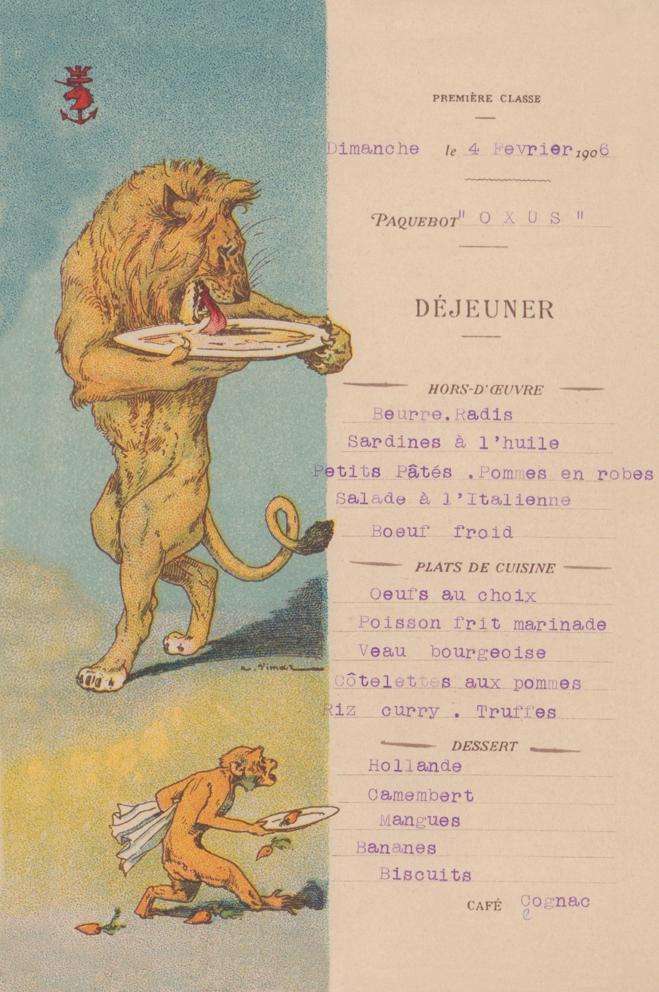 Le Paquebot Oxus 1906 (Lion) Menu Art by Auguste Vimar