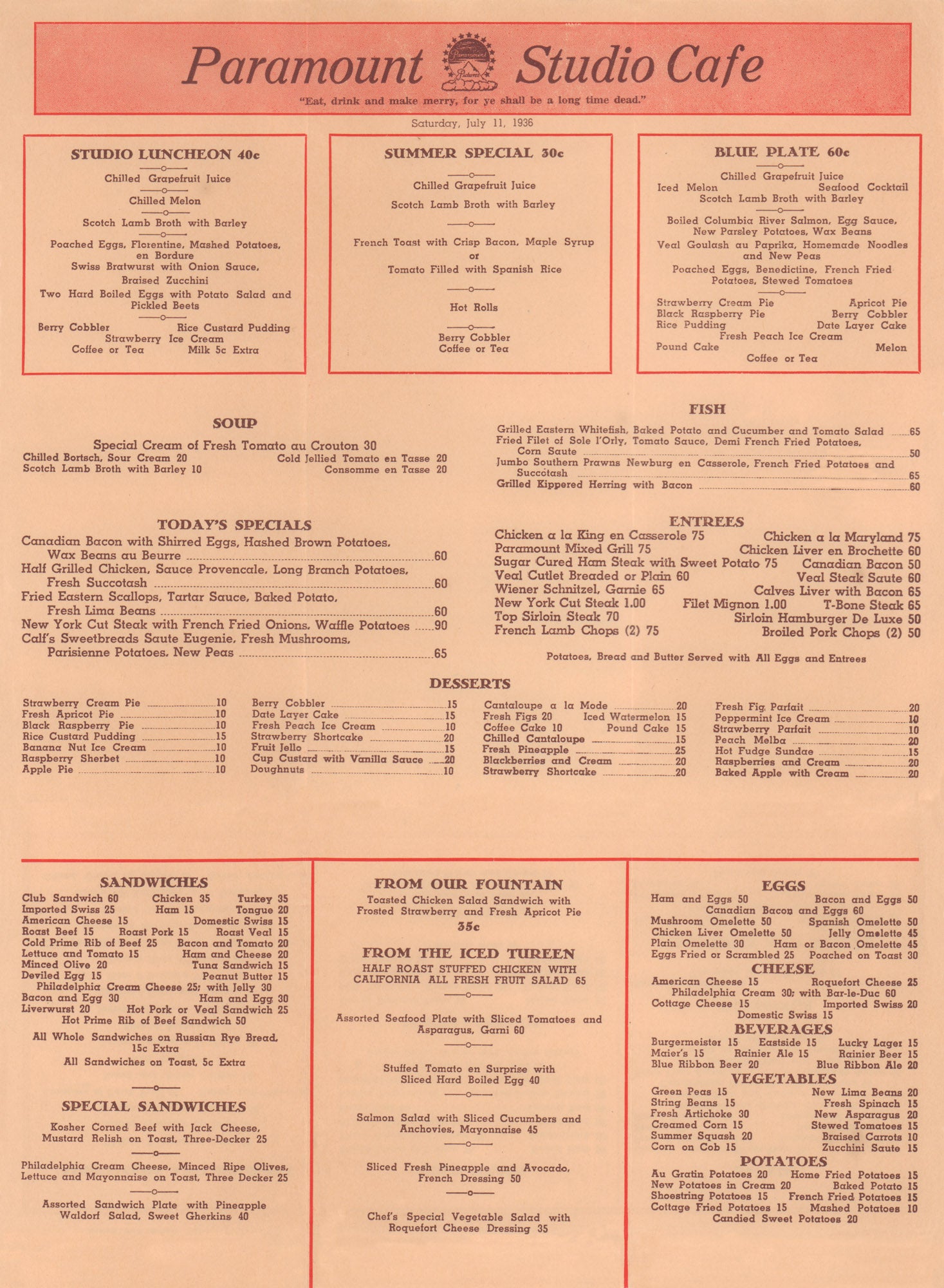 Paramount Studio Cafe, Hollywood 1936 | Vintage Menu Art – cover menu