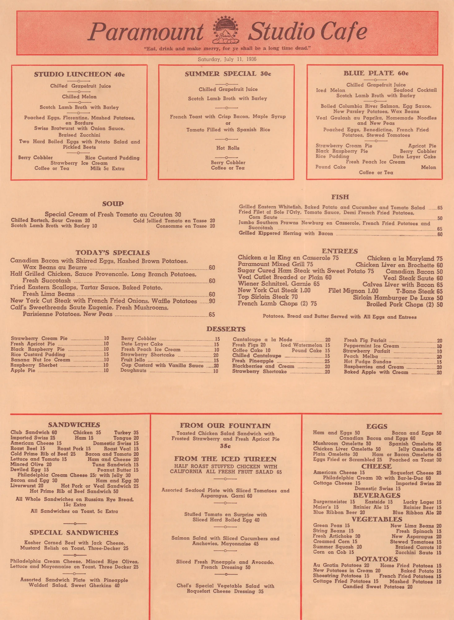 Paramount Studio Cafe, Hollywood 1936 | Vintage Menu Art – cover menu