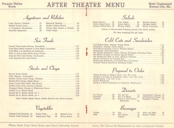 Penguin Dining Room, Hotel Continental Kansas City, MO 1940s | Vintage Menu Art - After theatre menu