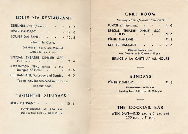 Playtime at the Piccadilly Hotel, London 1920s/30s Menu 