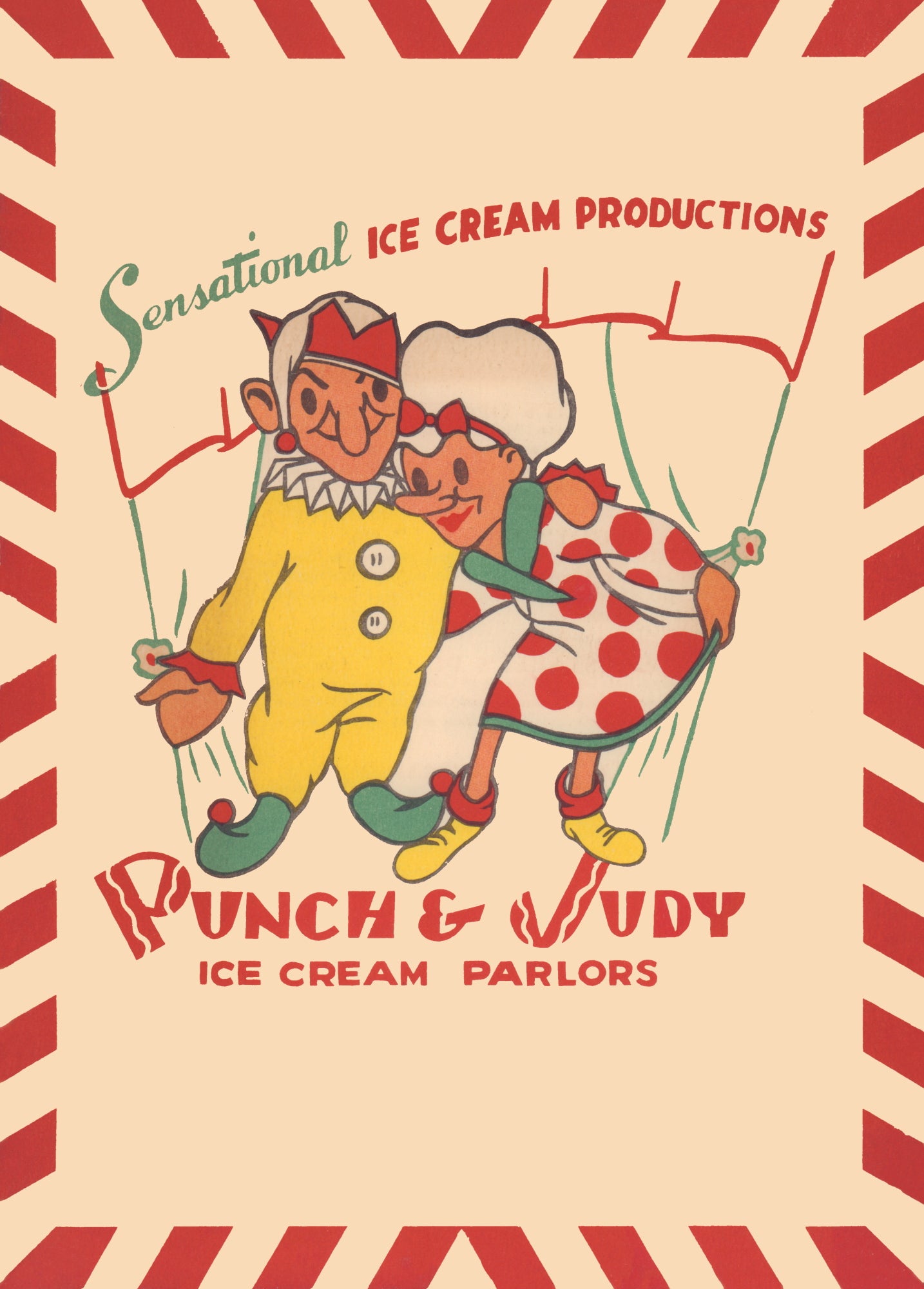 Punch & Judy Ice Cream Parlors. Los Angeles 1949 Menu Art