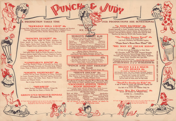 Punch & Judy Ice Cream Parlors. Los Angeles 1949 Menu