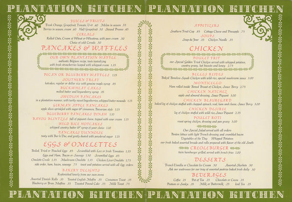 Plantation Kitchen, Las Vegas, 1960s Menu
