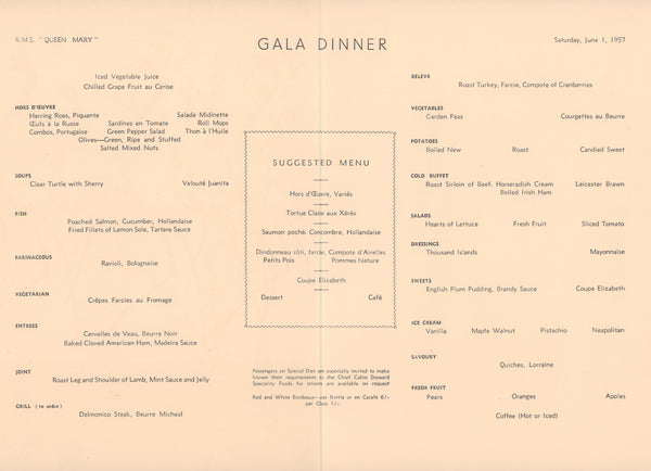 Queen Mary, 1957 menu