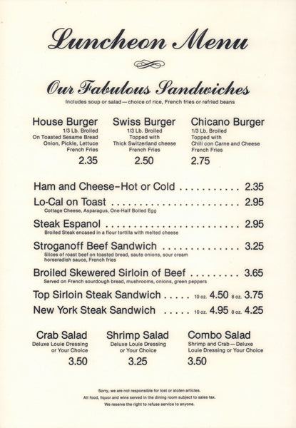 Rene's, Fresno 1970s | Vintage Menu Art - food menu