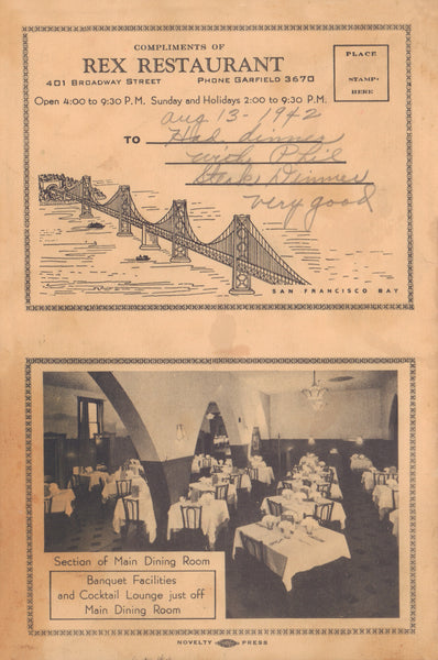 Rex Restaurant, San Francisco 1942 Post Card