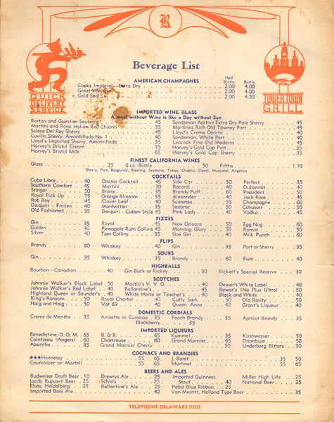 Ricketts, Chicago 1940 Wine List