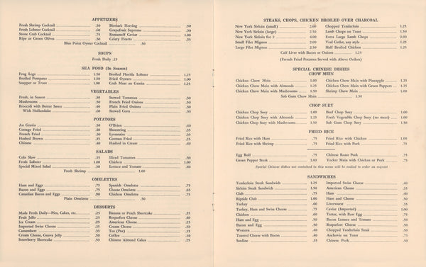 Riptide Club, Miami Beach 1930s Food menu