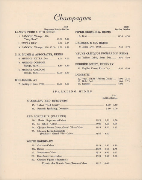 Riptide Club, Miami Beach 1930s Wine Menu