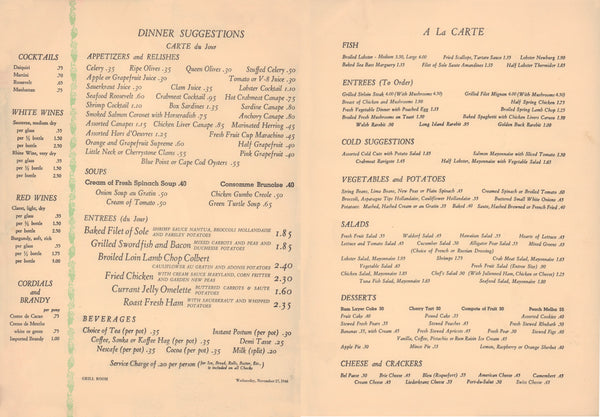 The Roosevelt Grill Dinner, New York 1946 Menu 