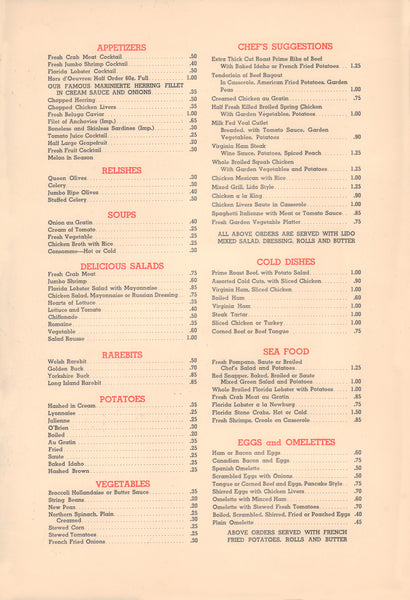 Sarasota Lido, Florida 1940s/1950s | Vintage Menu Art - food menu