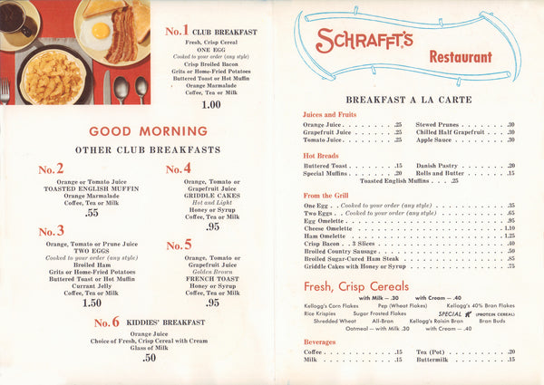 Schrafft's, New York 1960s | Vintage Menu Art - breakfast menu
