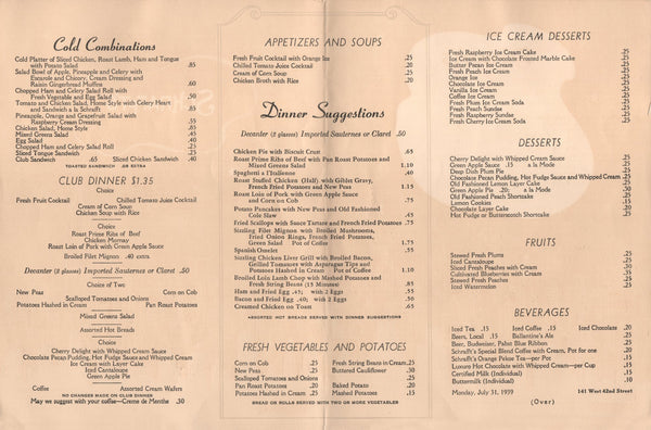 Schrafft's, New York 1939 Menu
