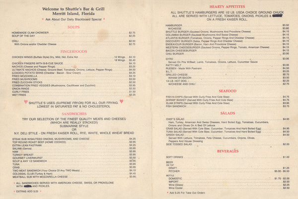 Shuttle's Bar & Grill, Merritt Island 1980s menu