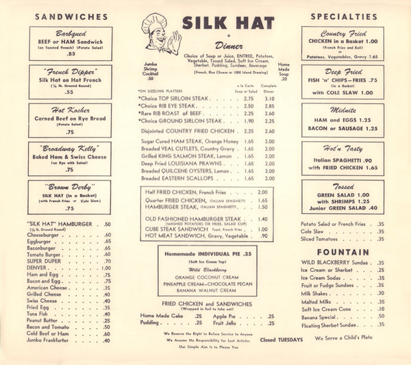 Silk Hat, Seattle 1960s | Vintage Menu Art - food menu