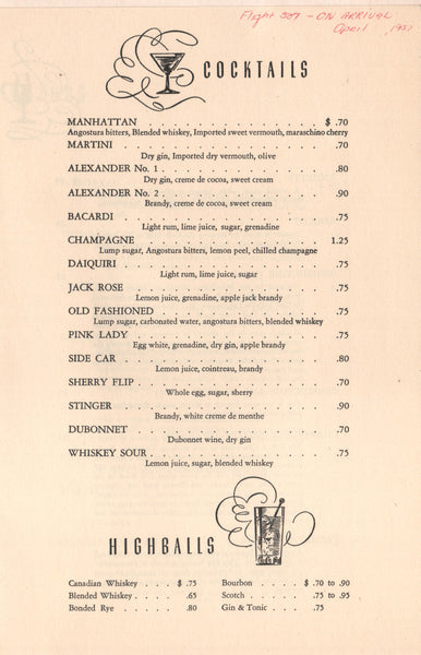 Skychef Bar 1957 Menu
