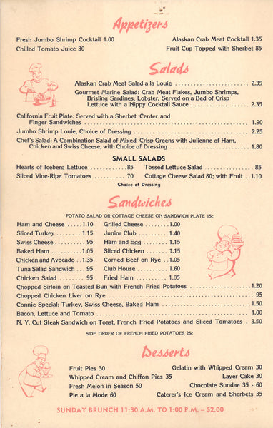 Sky Room, Lockheed Air Terminal, Burbank 1962 | Vintage Menu Art  - appetizers, salads, sandwiches and desserts