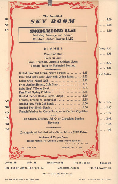 Sky Room, Lockheed Air Terminal, Burbank 1962 | Vintage Menu Art  - dinner menu