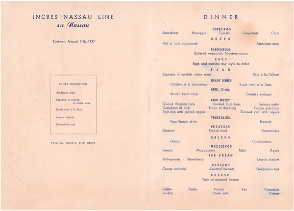 S.S. Nassau 1953 Flamingo menu