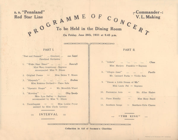 Red Star Line, S.S. Pennland 1931 | Vintage Menu Art - programme of concert