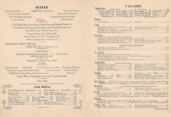 Starlight Roof, Waldorf Astoria, New York 1949 Menu Art | Vintage Menu Art - dinner menu