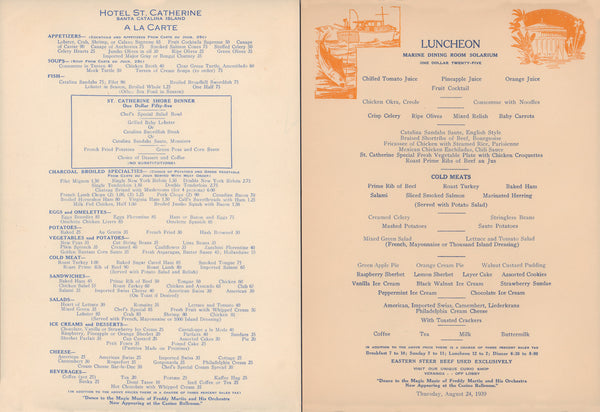 St Catherine's Hotel, Catalina 1939 | Vintage Menu Art - food menu