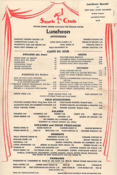 Stork Club, New York 1950s | Vintage Menu Art - food menu