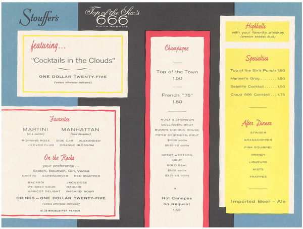 Stouffer's Top of the Sixes, New York 1960s Menu