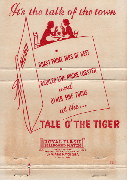 Tale O' The Tiger Match Cover 2, Fort Lauderdale 1960s | Vintage Menu Art - matchbook interior