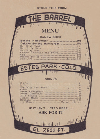 The Barrel, Estes Park CO 1930s | Vintage Menu Art - cover